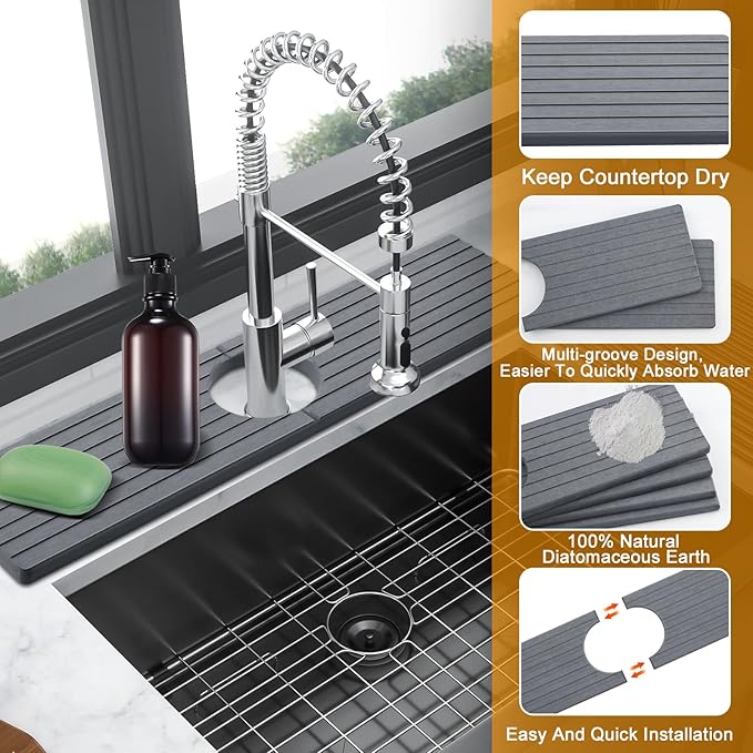 2 Pack Faucet Mat for Kitchen Sink, Diatomaceous Stone Mat, 23.6x4 Inch, Dark Grey, Quick Drying Splash Guard & Drip Catcher for Faucet Bathroom Counter