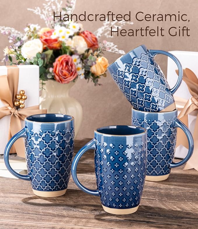 GBhome 20oz Large Coffee Mugs Set of 6, Handmade Tall Ceramic Coffee Mugs with Texture Patterns for Cappuccino, Latte,Hot Cocoa, Dishwasher & Microwave Safe-Moonlight Blue