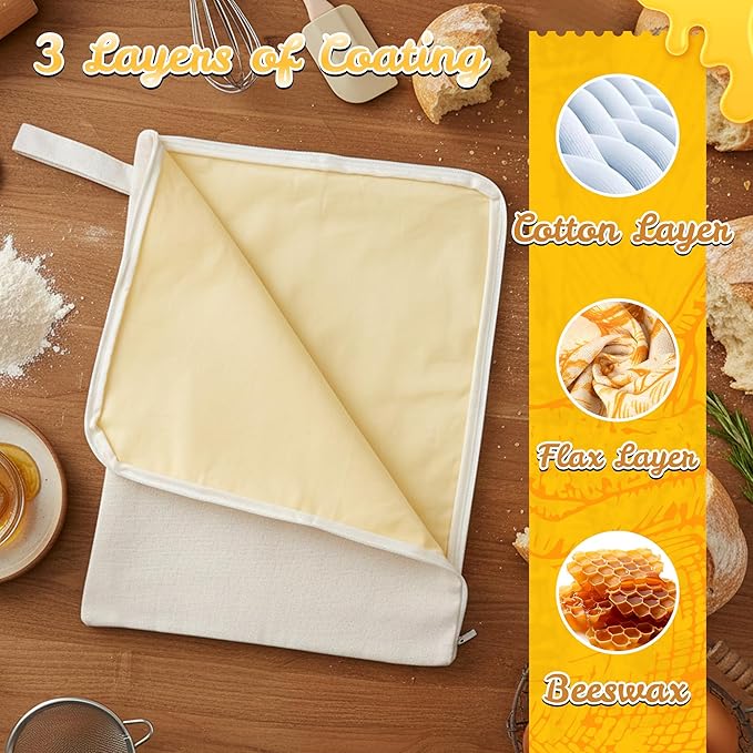 Reusable Beeswax Bread Bags - 2PCS Wide Zipper Access Bees Wax Homemade Sourdough Bread Food Storage Bag, L-shaped XL Coated Cotton Waxed Freezer Freshness Preservation for Home Kitchen Baking