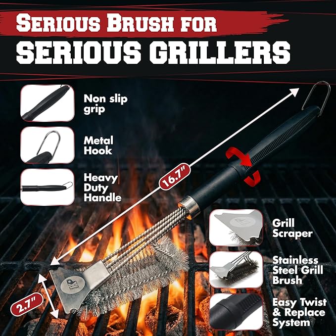 KITCHEN PERFECTION GrillSaver - Safe BBQ Grill Brush for Outdoor Grill with Replaceable Cleaning Head -Heavy-Duty Grill Cleaner with Scraper for All Grates +2 Bonuses -Best Grilling Gifts for Men