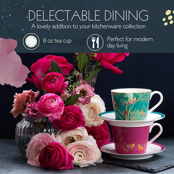 Portmeirion Sara Miller London Chelsea Teacup and Saucer, Pink | 8 Oz Cup for Drinking Tea and Coffee | Made from Fine China with Gold Detail | Handwash Only