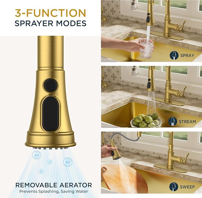 FORIOUS Gold Kitchen Faucet with Pull Down Sprayer, Stainless Steel Single Handle Spring Antique Brass Kitchen Sink Faucet with Deck Plate for 1 or 3 holes, Sutiable for Farmhouse, RV, Camper, Wet Bar