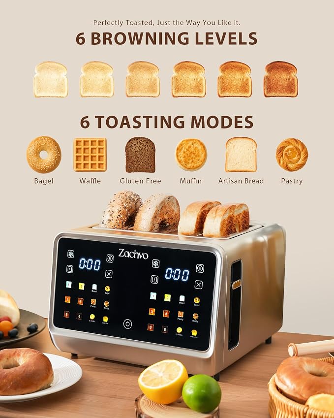 4 Slice Smart Toaster with Touchscreen, 1.5" Extra Wide Slots for Bagels & Thick Bread, Dual Independent Controls, 6 Bread Settings, Defrost, Reheat, Easy Clean, Stainless Steel, for Family Breakfast