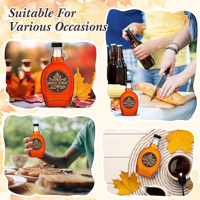 FoldTier 12 Pcs 5 oz Glass Maple Syrup Bottles Clear Reusable Glass Bottles with Lids Loop Handle and Maple Syrup Stickers Jars Container for Milk Potion Juice Sauce Oil Storage Gift(Stylish)
