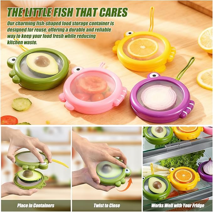 Set of 8 Fish-Shaped Fresh Food Containers, Fresh Pod, Reusable Silicone Storage Pods for Avocado, Onions, Lemon, Tomatoes, Garlic – Anti-Oxidation for Fridge, Send Goods from Local Warehouse