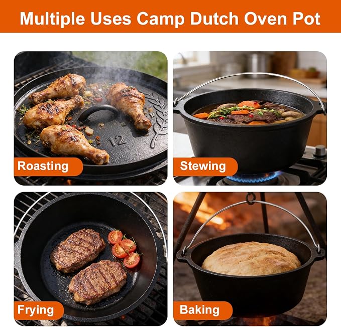 Pre-Seasoned Cast Iron 8QT Camp Dutch Oven with Lid, Large Camping Dutch Oven Pot, incl. Lid Lifter - Dual Handles - for Outdoor Campfire, Grill, Oven & Stovetop Cooking-Black