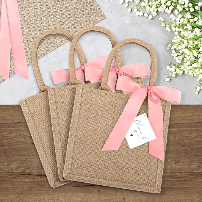 6 Pack Burlap Tote Bags with Handles Reusable Small Jute Gift Bags with Pink Silk Ribbons Waterproof Lining for Wedding Bridesmaid Mother's Day Bachelorette Beach Party