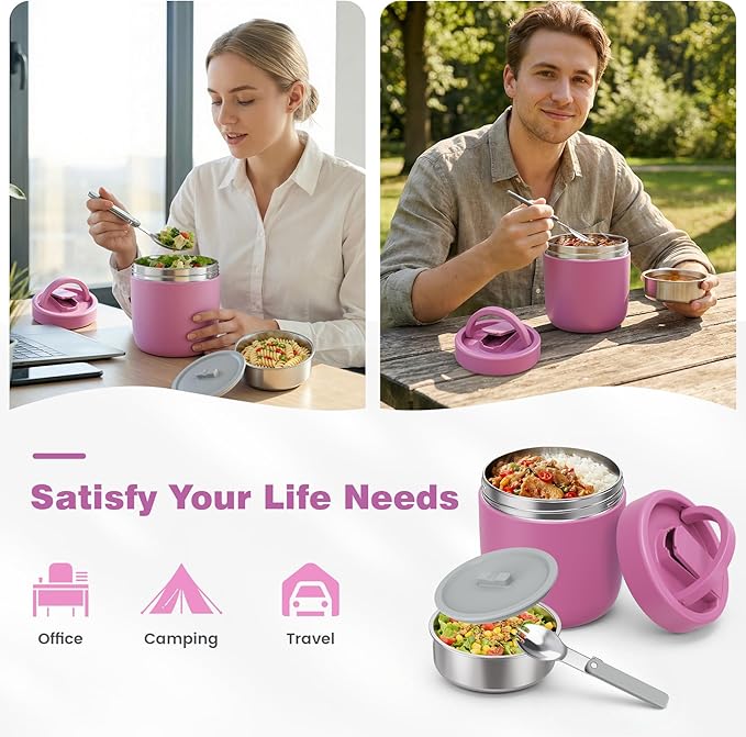 Thermo for Hot Food Adults, 40.5oz Wide Mouth Soup Thermo Lunch Containers with Spoon, Stainless Steel Vacuum Insulated Bento Lunch Box,Lunch Containers with Handle(Pink)