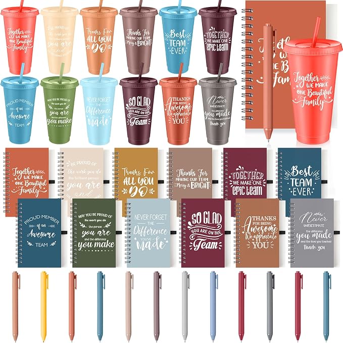 Shellwei 36 Pcs Employee Appreciation Gifts Bulk 24 oz Thank You Tumbler with Lid and Straw Mini Spiral Notebooks and Pens Appreciation Gifts for Team Employee Coworkers Teacher (Positive)