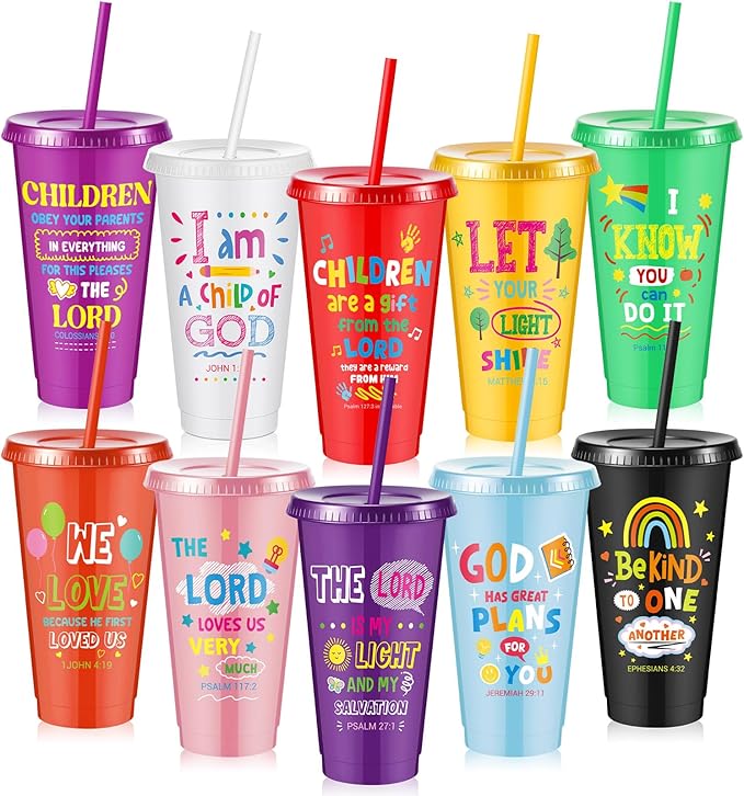 Uiifan 10 Pcs VBS Christian Cups for Kids Bulk, Reusable Plastic Tumblers with Lids and Straws, Bible Verse Cups for Sunday School, VBS, Church Events, Classroom Rewards, Kids Party (Multicolor)
