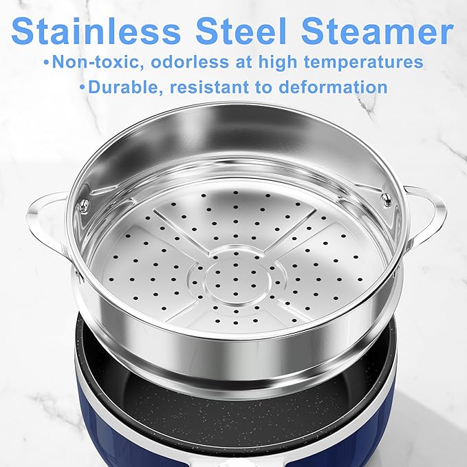 Dezin Hot Pot Electric with Steamer Upgraded, Non-Stick Sauté Pan, Rapid Noodles Electric Pot, 1.5L Mini Pot for Steak, Egg, Fried Rice, Ramen, Oatmeal, Soup with Power Adjustment