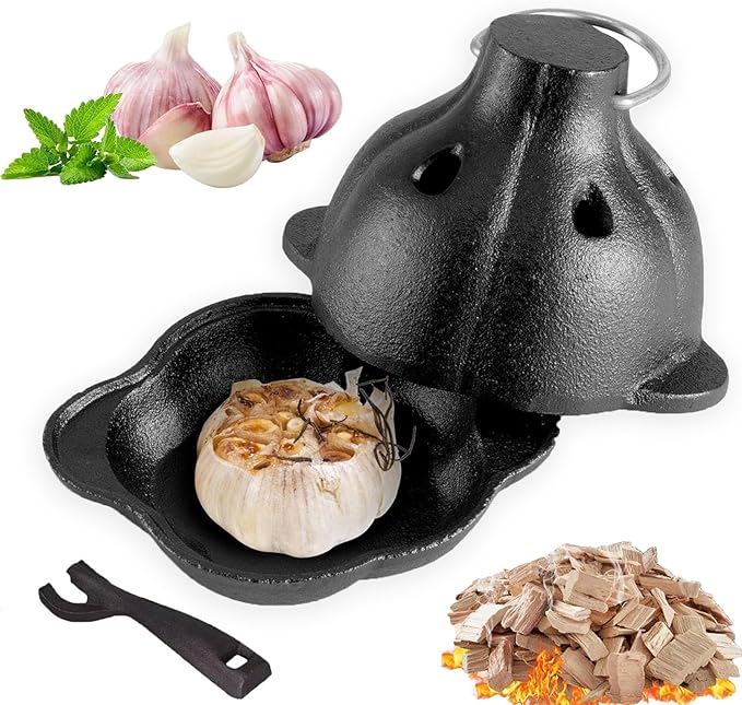 Cast Iron Garlic Roaster with Handle, Mini Cast Iron Smoker, Garlic Roaster for Oven, Used in the Kitchen Oven or Outdoors on a BBQ Grill Stove