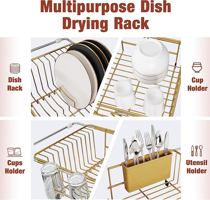 JASIWAY Gold in Sink Dish Drying Rack, Expandable Stainless Steel Small Dish Rack Over Kitchen Sink, Plate Drainer Strainer with Utensil Holder & Cup Holders, Counter Space Saving Wire Dryer Rack