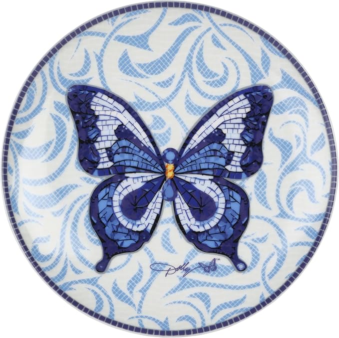 Dolly Parton 12 Piece Jeweled Mosaic Blue Butterfly Dinnerware Set Porcelain Dinner Plates Salad Plates Bowls, Service for 4, Microwave Dishwasher Safe