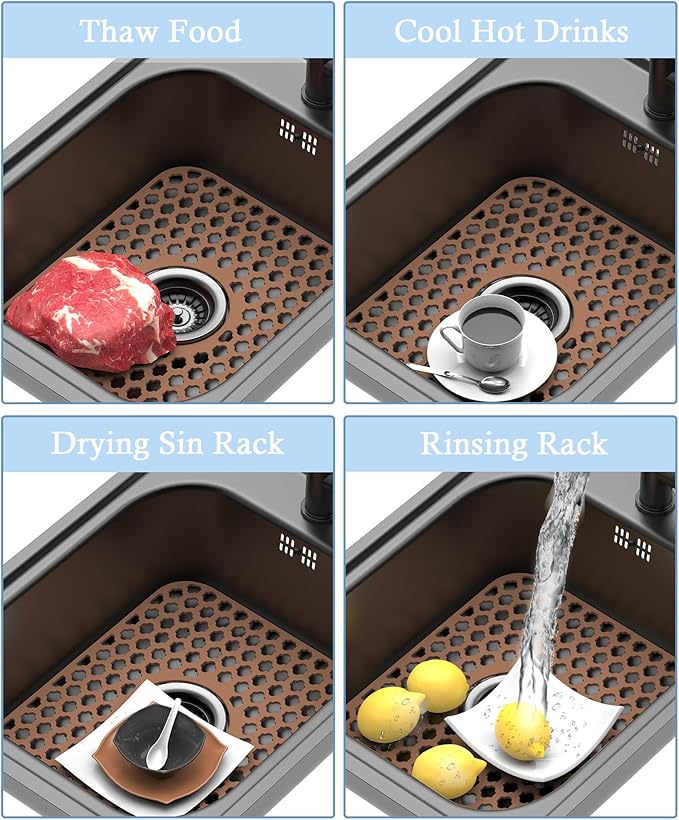 Silicone Sink Protector for Kitchen Bathroom Sink, 2 Pack 13.58"x 11.6" Heat-resistant Mat, Non-Slip and Durable Silicone Protectors, Center Drain (Coffee)