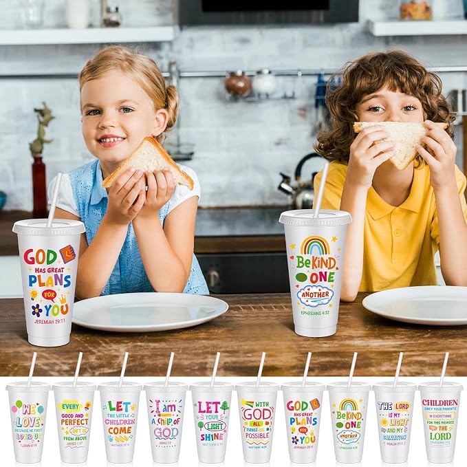Uiifan 30 Pcs Vacation Bible School Cups for Kids, Christian Tumblers with Straws Bible Verse Cups for VBS, Sunday School, Church Party Favors Faith Gifts, Reusable Plastic Tumblers with Lids, White