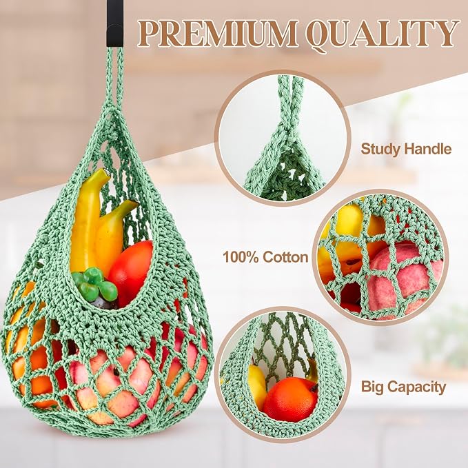 Honeydak Boho Decor Hanging Wall Baskets for Kitchen 3 Pack Teardrop Baskets with Hooks Storage Fruit Onion Vegetable Potato for Home 3 Sizes(Sage Green,Crochet,Cotton Rope)