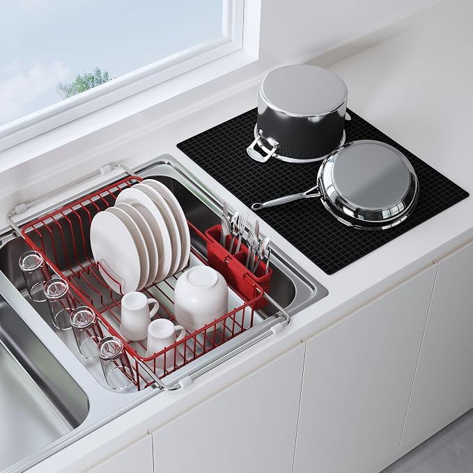 JASIWAY Red Dish Drying Rack in Sink with Mat, Expandable Stainless Steel Dish Drainers for Kitchen Counter, Space Saving Dish Dryer for Inside Sink, Over Sink Dish Racks with Utensil Holder