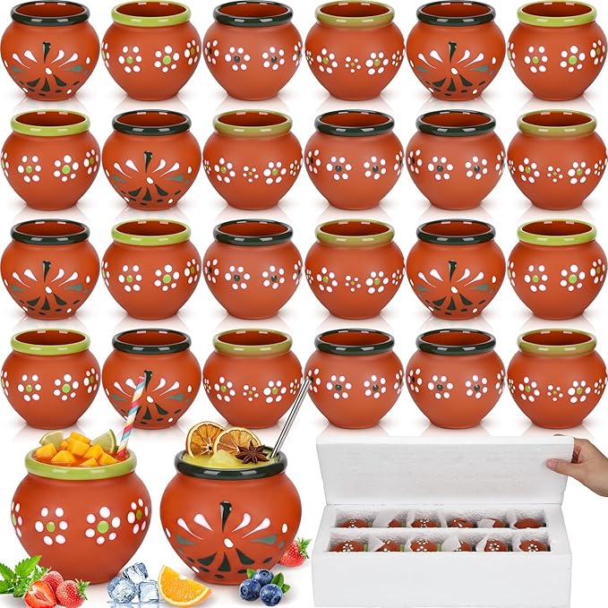 Gejoy 24 Pcs 3oz Cantaritos De Barro Shot Mini Clay Cups Jarritos De Barro Mexicanos Taco Cocktail Glasses for Tequila, Margaritas, Mojitos, Mojitos Cold Hot Drinks (Petal)