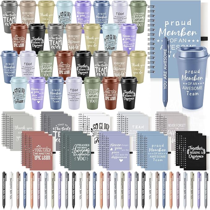 Teenyyou 90 Pcs Employee Appreciation Gift Set, 16oz Tumbler with Lid Notebook Pen Bulk Thank You Gift Holiday Party Favor for Teachers Office Coworker Teacher Staff Team (Dark Color,Elegant Style)