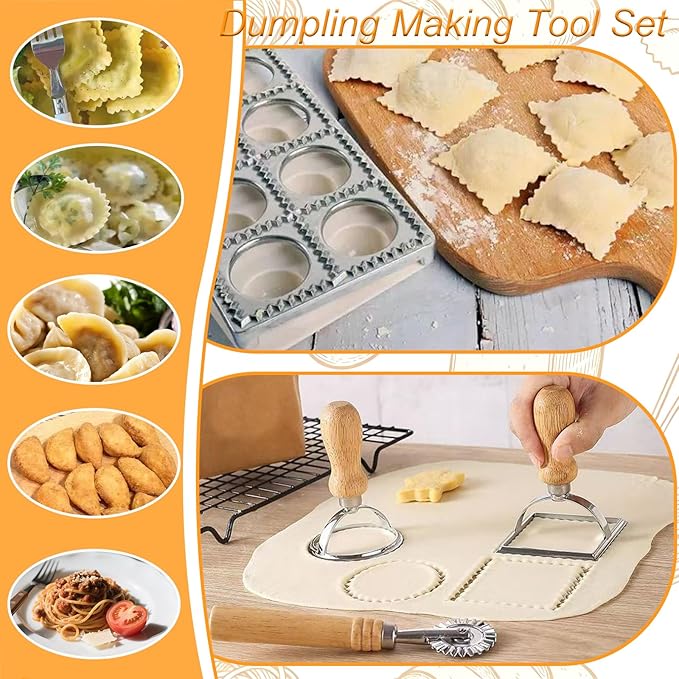 8 Piece Ravioli Press Mold Set,Pasta Making Tools, Ravioli Kit Include 10 Holes Ravioli Maker, 3 Pasta Cutter Stamp Makers,Rolling Pin,Ravioli Making Kit for Home Kitchen Supplies (8)