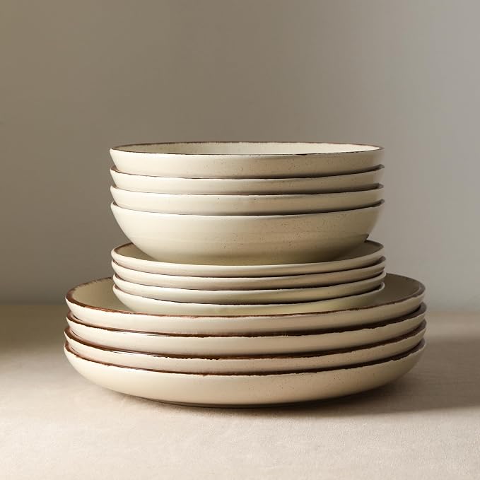 Earth and Clay Heath 12-Piece Dinnerware Set Stoneware, Plates and Bowls Set, Dishwasher and Microwave Safe, Dish Set for 4, Coffee