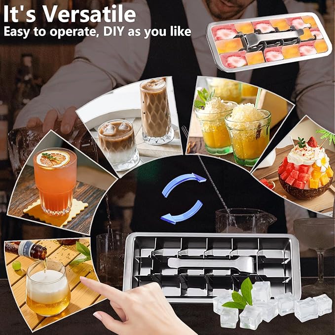 Stainless Steel Ice Cube Trays, Metal Ice Cube Trays for Freezer Vintage Inspired Design with Release Lever Remove Handle for Making Large Cubes Kitchen & Bar (2 pack)