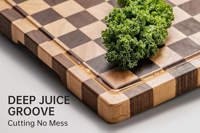 THETCHRY Cutting Boards for Kitchen, Checkered Wood Cutting Board, Walnut Chopping Board with Juice Grooves & Handles, Butcher Block Serving Tray with Gift Box 16" x 11" x 0.8"