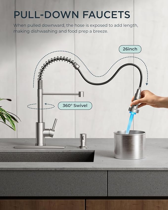 FORIOUS LED Kitchen Faucet with Pull Down Sprayer, Brushed Nickel Modern Single Handle Stainless Steel Commercial Spring Sink Faucet with LED Light for Pot Filler, Farmhouse Camper Bar Laundry Room