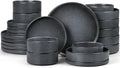 E-far Dinnerware Sets with Pasta Bowls, 24-Piece Stoneware Plates and Bowls Sets for 6 | Microwave & Dishwasher Safe Kitchen Modern Dish Set, Deep Gray