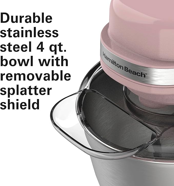 Hamilton Beach 4 Quart Electric Stand Mixer With 7 Speeds | Planetary Mixing For Full Bowl Coverage | Splash Guard | 300 Watts | Whisk, Flat Beater, Dough Hook | Rose