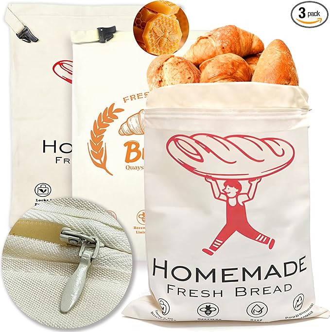 3pc-Beeswax Bread Bags for Homemade Bread & Sourdough,Zipper, – XL Eco-Friendly, Natural, Food-Safe Storage Bag to Keep Loaves Fresh Longer – Sustainable, Zero Waste