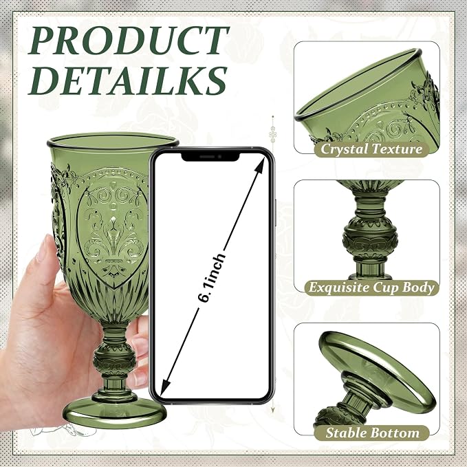 Wiwiqing 24 Pcs Plastic Goblets 7.5oz Vintage Goblet Plastic Wine Glasses Colored Retro Embossed Water Goblets for Wine Bar Juice Baby Shower Wedding Reception Grand Event Party (Olive Green)