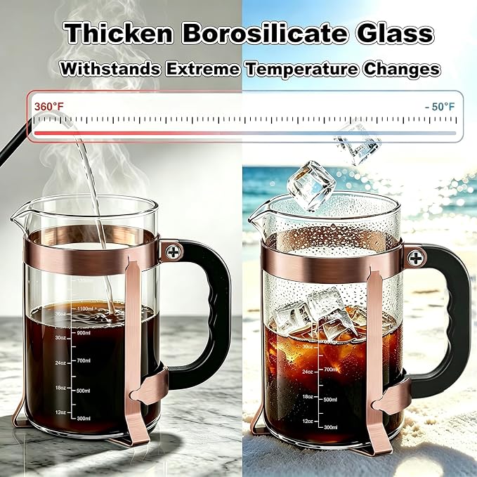 QUQIYSO French Press Coffee Maker, Large French Press with Thick Borosilicate Glass, 304 Stainless Steel Filter, Teapot & Coffee Maker for Home, Office, Party, 51oz, Copper