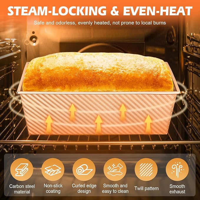 3Pack Pullman Loaf Pans with Lids – 2.2 LB & 1 LB & 1 LB Dough Capacity, Non-Stick Carbon Steel Bread Pans for Homemade Sandwich and Sourdough Bread, Corrugated Toast Mold
