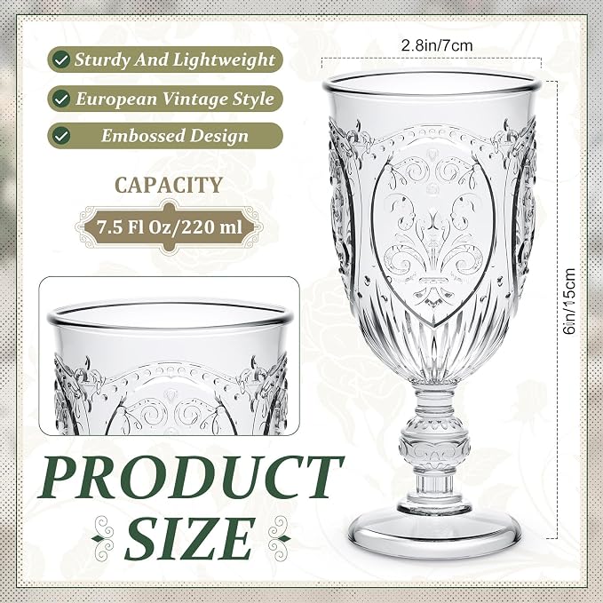 Wiwiqing 6 Pcs Plastic Goblets 7.5oz Vintage Goblet Plastic Wine Glasses Colored Retro Embossed Water Goblets for Wine Bar Juice Baby Shower Wedding Reception Grand Event Party (Clear)