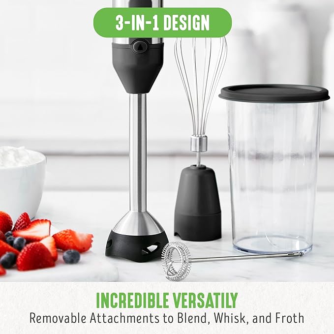 GreenLife 500-Watt Immersion Electric Handheld Stick Blender with Stainless Steel Blades, Whisk, Frother, Measuring Cup and Lid, Soups, Puree, Cake, Multi-Speed Control, Portable, Black