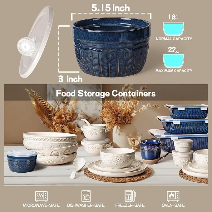 Artena Meal Prep Containers 22 OZ, 4 Pack Snack Containers, Reusable Food Storage Containers With Lids For Soup Yogurt Oatmeal Lunch Breakfast, Ceramic Cereal Bowls (Blue, Wheat Leaf)