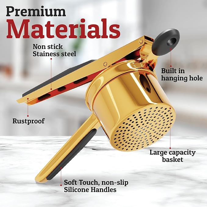 PriorityChef Large 15oz Potato Ricer With 3 Discs, Heavy Duty Stainless Steel Potato Ricer for Mashed Potatoes, Potato Masher, Press and Ricer Kitchen Tool, Gold Steel Black Silicone