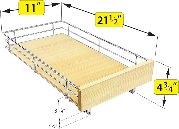 LYNK PROFESSIONAL® SELECT™ Slide Out Cabinet Organizer Pull Out Drawer, 11" x 21" Pull Out Cabinet Organizer – Pull Out Shelves for Kitchen Cabinets – Roll Out - Lifetime Ltd. Warranty, Wood Chrome