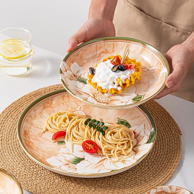 16-Piece Dinnerware Set for 4, Ceramic Plates and Bowls Sets, Microwave & Dishwasher Safe Dish Sets for Daily Use & Gifting, with Vintage Camellia Floral Pattern