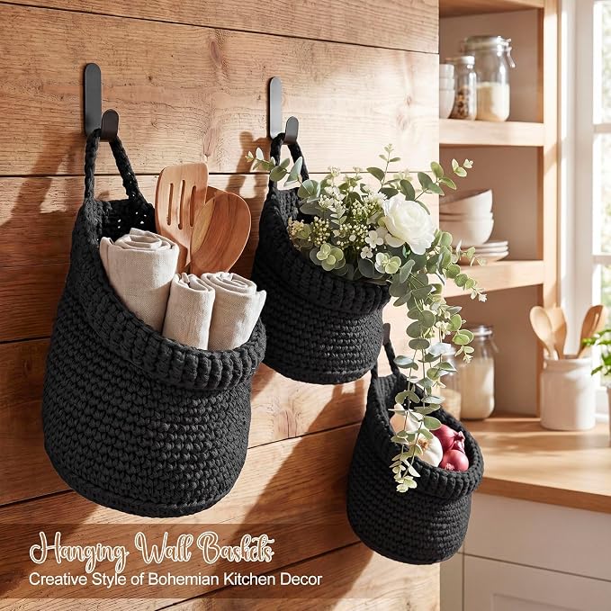 Honeydak Boho Decor Hanging Wall Baskets for Kitchen 3 Pack Teardrop Baskets with Hooks Storage Fruit Onion Vegetable Potato for Home 3 Sizes(Black,Barrel,Cotton Rope)