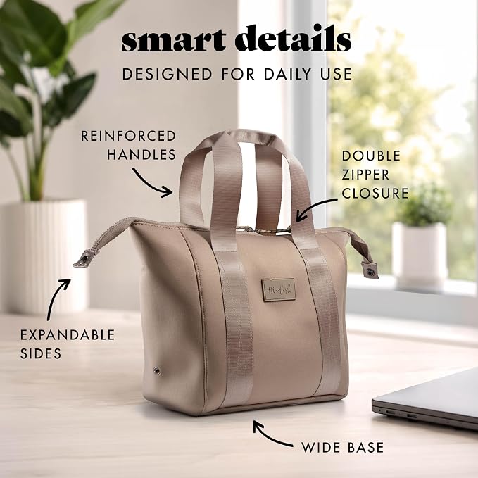 Fit & Fresh Remi Lunch Bag for Women Work – Neoprene Lunch Tote with Containers & Ice Pack, Reusable Meal Prep Lunch Box, Large Capacity, Machine Washable, Taupe