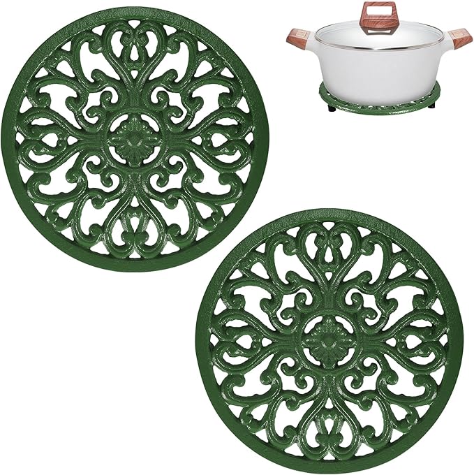 Sumnacon Cast Iron Trivet 2 Pcs 6.7 Inch Iron Trivet for Hot Dish Pot Pan Plate Teapot,Heat Resistant Cast Iron Trivets with Rubber Feets for Kitchen Dining Table Cooktop Stove,Retro Green