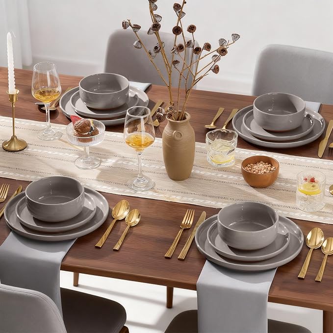E-far 6-Piece Ceramic Dinnerware Sets, Plates and Bowls Sets for 2, Stoneware Dishware Dishes Set with Terracotta Base, Chip & Scratch Resistant, Microwave & Dishwasher Safe, Speckled Khaki
