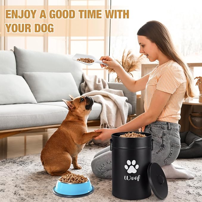 DoubleFill Extra Large 30+14 lb Metal Dog Food Storage Containers Set of 2 Black Airtight Dog Treat Snack Jars with Lids and Spoon Farm House Style Big Pet Cookie Storage Bin for Kitchen Counter Gift