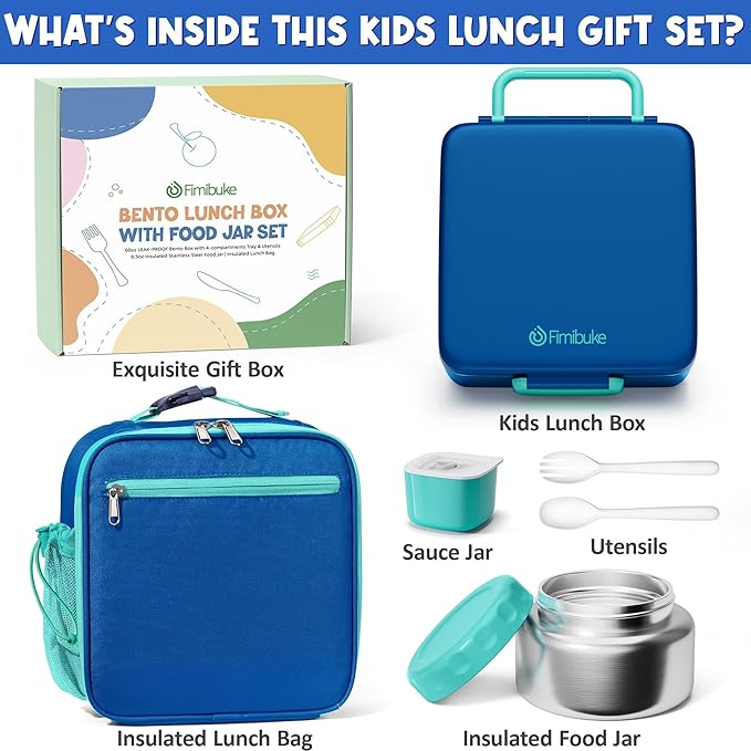 Fimibuke Kids Bento Lunch Box with Thermo, Leakproof Toddler Bento Box with 8.5OZ Insulated Food Jar, Lunch Bag & Utensils BPA Free Dishwasher Safe 3 or 4 Compartment Container for School Girls Boys