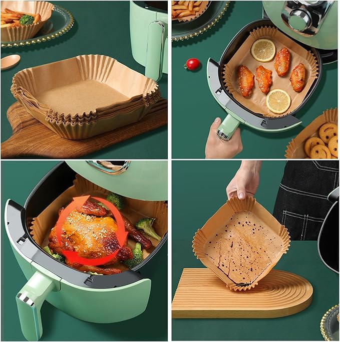 200Pcs 8IN Air Fryer Liners Disposable for 5-8QT Air Fryer and 4Pcs 7.5in Air Fryer Silicone Liners for 3 to 6 Qt,Food Safe Non-Stick Air Fryer Liners Square Free of Bleach,Air Fryer Parchment Liners