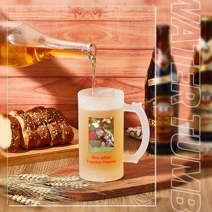Mifoci 2 Pcs Sublimation Blank Beer Mugs Personalized Tazas Para Father's Day Present 16 oz Frosted Beer Glass Cups Can Add Photo Text or Image Gift for Dad Husband Groomsmen Wedding Oktoberfest