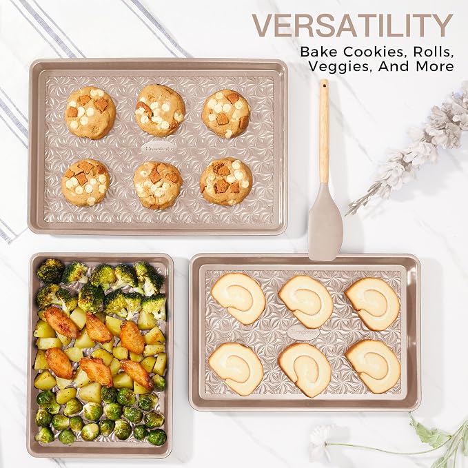 HONGBAKE Nonstick Baking Sheet Pan Set of 3, Cookie Sheets for Oven, Non-Toxic Half/Quarter/Jelly Roll Pans with Floral Swirl Texture, Heavy Duty 0.8mm Thick Oven Trays for Cooking, Champagne Gold